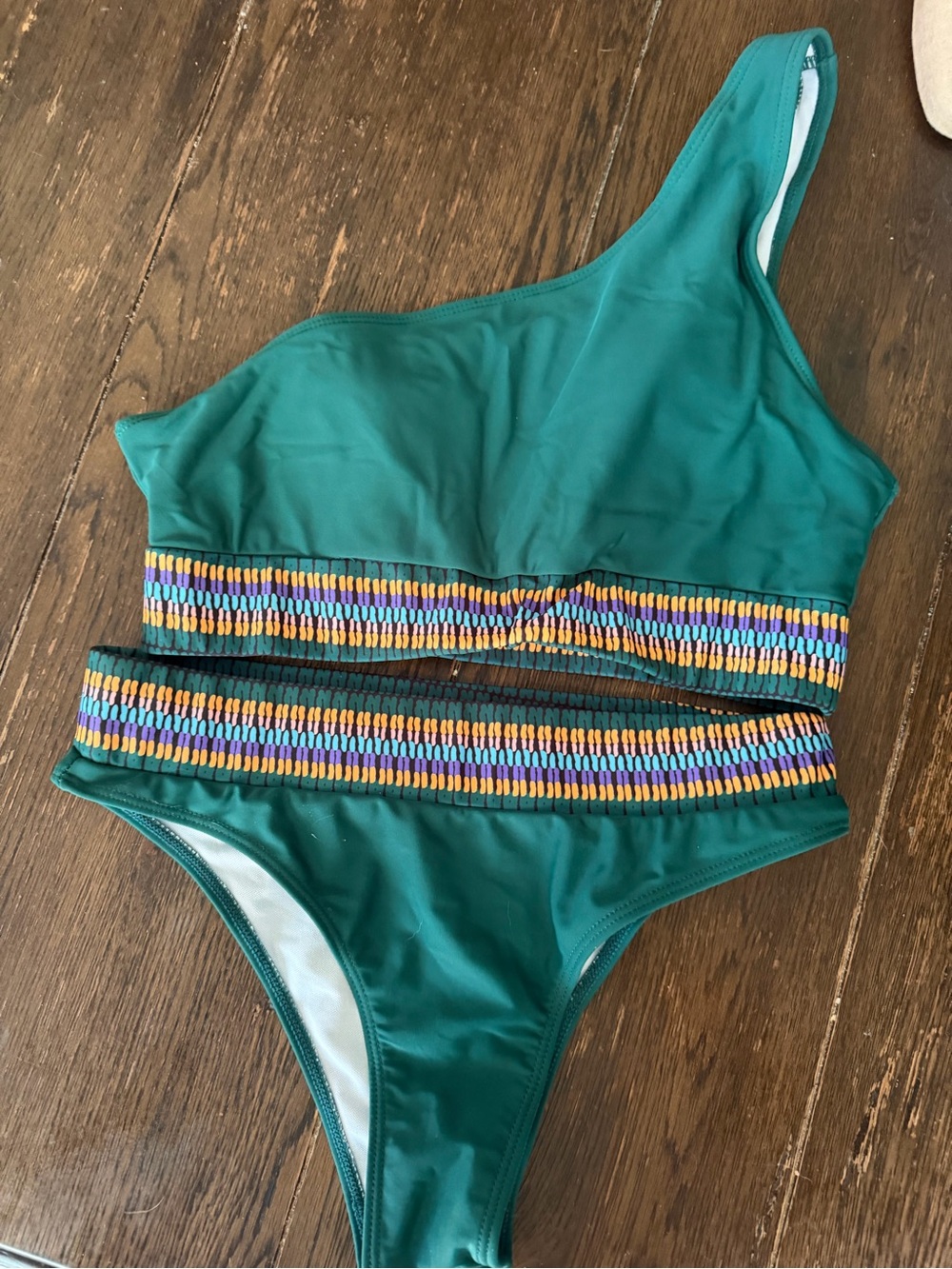 Source Unknown Teal One-Shoulder Bikini with Multicolor Beaded Waistband